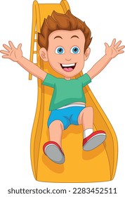 happy boy playing slides on white background