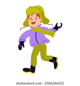 Happy boy playing snowballs. Winter outdoor activity. Child in bright winter clothes. Cartoon kid isolated on a white background. Hand-drawn flat vector illustration.