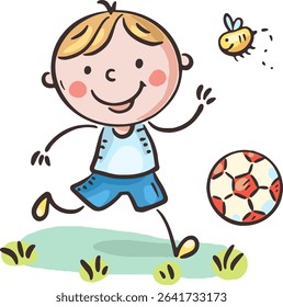 Happy boy playing with soccer ball on grass in park