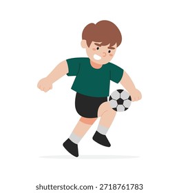 Niño feliz jugando fútbol ilustración plana