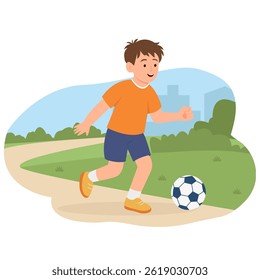 Menino feliz jogando futebol chutando a bola no parque.Ilustração vetor