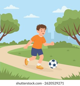 Menino feliz jogando futebol chutando a bola no parque.Ilustração vetor