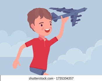 Happy boy playing with a toy airplane. Young pilot flying an aircraft, child running holding aero plane in hand, enjoy jet model, creative playtime for kids. Vector flat style cartoon illustration
