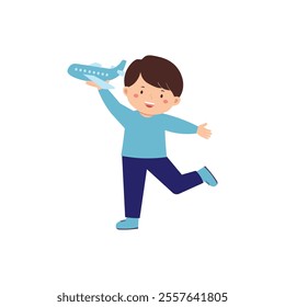 Happy Boy Playing with Toy Airplane