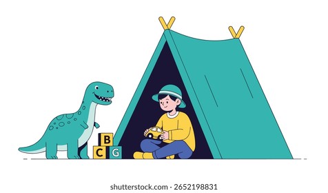 Happy boy playing with toy dinosaur and blocks inside tent