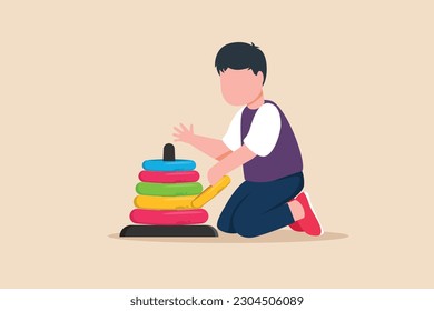 Niño feliz jugando con juguete. Concepto de niños con juegos educativos. Ilustración vectorial plana aislada.