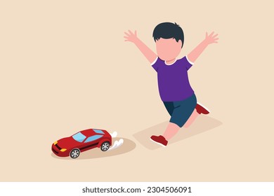 Happy boy playing with toy. Educational games kids concept. Flat vector illustration isolated.
