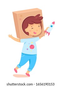 Niño feliz jugando con un cohete de juguete. Niña graciosa y sonriente que usa una caja de cartón en la cabeza. Ilustración del vector