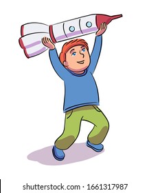 Glücklicher Junge, der mit einer Spielzeugrakete spielt. Lächelt süßes lustiges Kind. Vektorillustration