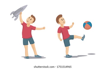 Niño feliz jugando con cohete de juguete, pelota. Un niño gracioso y sonriente. Ilustración del vector