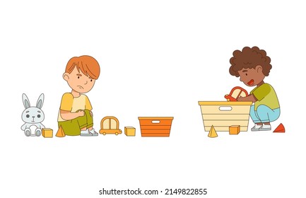 Happy Boy Playing Toys in the Nursery Vector Illustration Set