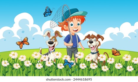 Niño feliz jugando con dos perros entre flores.