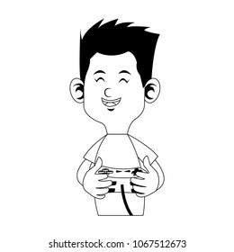 Happy boy playing videogames on black and white