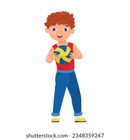 Happy boy playing volleyball. Children sport activity, active kids lifestyle vector cartoon illustration