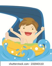 Happy Boy Playing Water Slide Sledge  