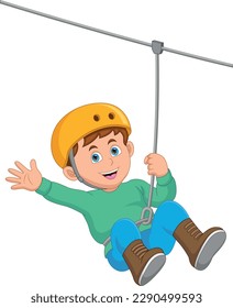 Happy boy playing zipline on white background