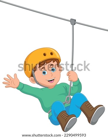 Happy boy playing zipline on white background