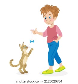 Happy boy plays with a funny cat. In cartoon style. Isolated on white background. Vector flat illustration.