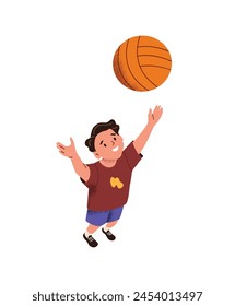 Happy boy plays game outdoors. Funny child throws in air and catches in hands ball top view. Cute kid stands, looking up, reaching arms upward. Flat isolated vector illustration on white background.