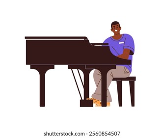 Happy boy plays grand piano in concert. Black pianist, music player is on symphonic performance. Musician performs on keyboard musical instrument. Flat isolated vector illustration on white background