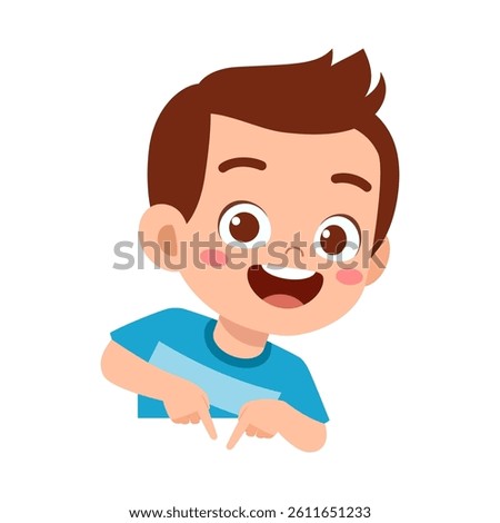 Happy Boy Pointing Down with Fingers Illustration of Cute Kid Cartoon Smiling and Cheerful