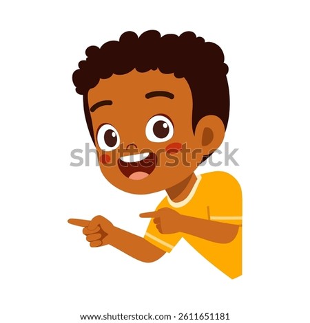 Happy Boy Pointing Sideways with Cheerful Expression and Yellow Shirt on White Background
