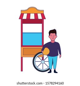happy boy and popcorn cart icon over white background, vector illustration