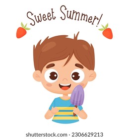 Happy boy with popsicles on stick. Cute male baby character and ice cream. Vector illustration in cartoon style. Postcard sweet summer 