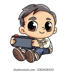Happy boy with portable game character illustration in doodle style isolated on background