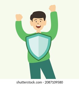 Happy boy with protecting shield. Flat style vector illustration of people doing activity 