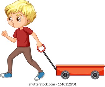 Happy boy pulling wagon on white background illustration