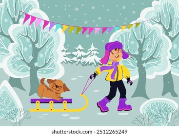 A happy boy pulls a cute puppy on a sled. Walking in a winter forest among snow-covered trees. Winter outdoor activity. Cartoon child in bright winter clothes. Hand-drawn flat vector illustration.