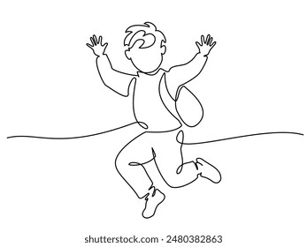 Happy boy pupil with backpack running and jumping. Continuous one line drawing. Vector illustration. Education and back to school concept for logo, card, banner, poster flyer