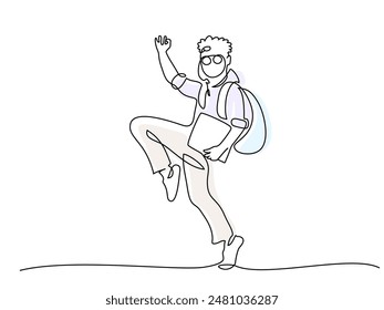 Happy boy pupil with backpack running and jumping. Continuous one line drawing. Vector illustration. Education and back to school concept for logo, card, banner, poster flyer