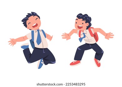 Happy Boy Pupil in Uniform with Tie and Backpack Jumping with Joy Excited About Back to School Vector Set