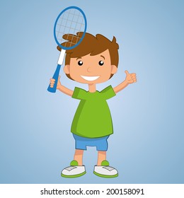 a happy boy with a racket in blue background