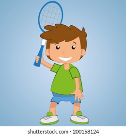 a happy boy with a racket in blue background