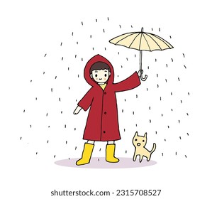 Happy boy in raincoat holding umbrella standing with cat. Hand drawn style vector illustration.