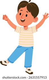 A happy boy with raised arms in a playful cartoon style. The child is joyfully posing with a wide smile and animated expression. Cartoon vector illustration.