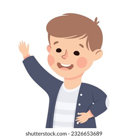 Happy Boy with Raised Up Hand Smiling Vector Illustration