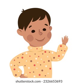Happy Boy with Raised Up Hand Smiling Vector Illustration