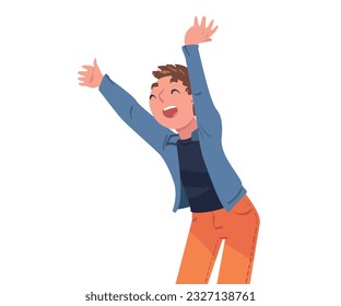 Happy Boy with Raised Hands Standing and Cheering Vector Illustration