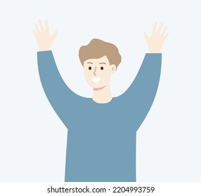 Happy boy raising hands and having fun. Holiday, party, celebration, achievement, success concept. Flat cartoon character vector design isolated illustration.