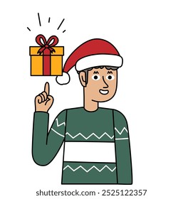 Happy boy raising his finger pointing at the perfect gift