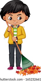 Happy boy raking leaves on white background illustration