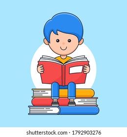 Happy boy read a book and sitting on the book stack vector outline cartoon style illustration