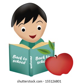 a happy boy reading a blue book with an apple