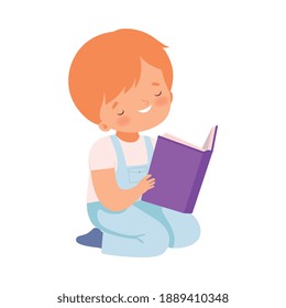 Happy Boy Reading Book, Cute Kid Sitting on Floor on his Knees Enjoying Reading, Children Education and Imagination Concept Cartoon Style Vector Illustration