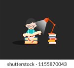 happy boy reading book in the dark with lamp and book, back to school and education theme, flat design