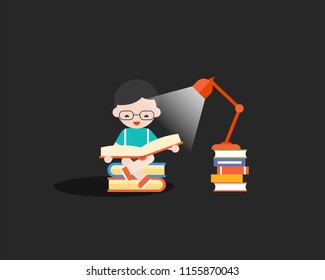 happy boy reading book in the dark with lamp and book, back to school and education theme, flat design